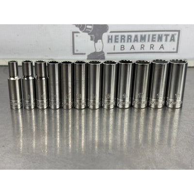 Juego De 12 Dados Largos Husky 12 Puntas 3/8 Métrico Plateado