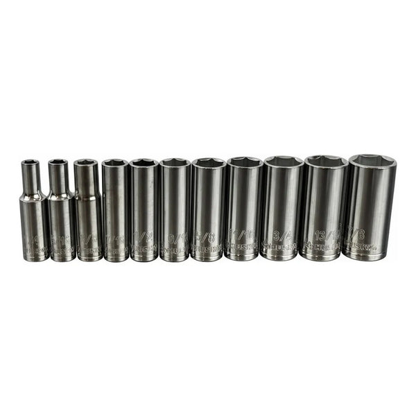 Juego De 11 Dados Largos Husky 6 Puntas 3/8 Sae 1/4-7/8in Plateado